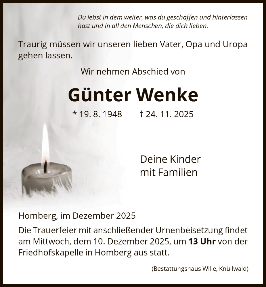  Traueranzeige für Günter Wenke vom 06.12.2025 aus HNA