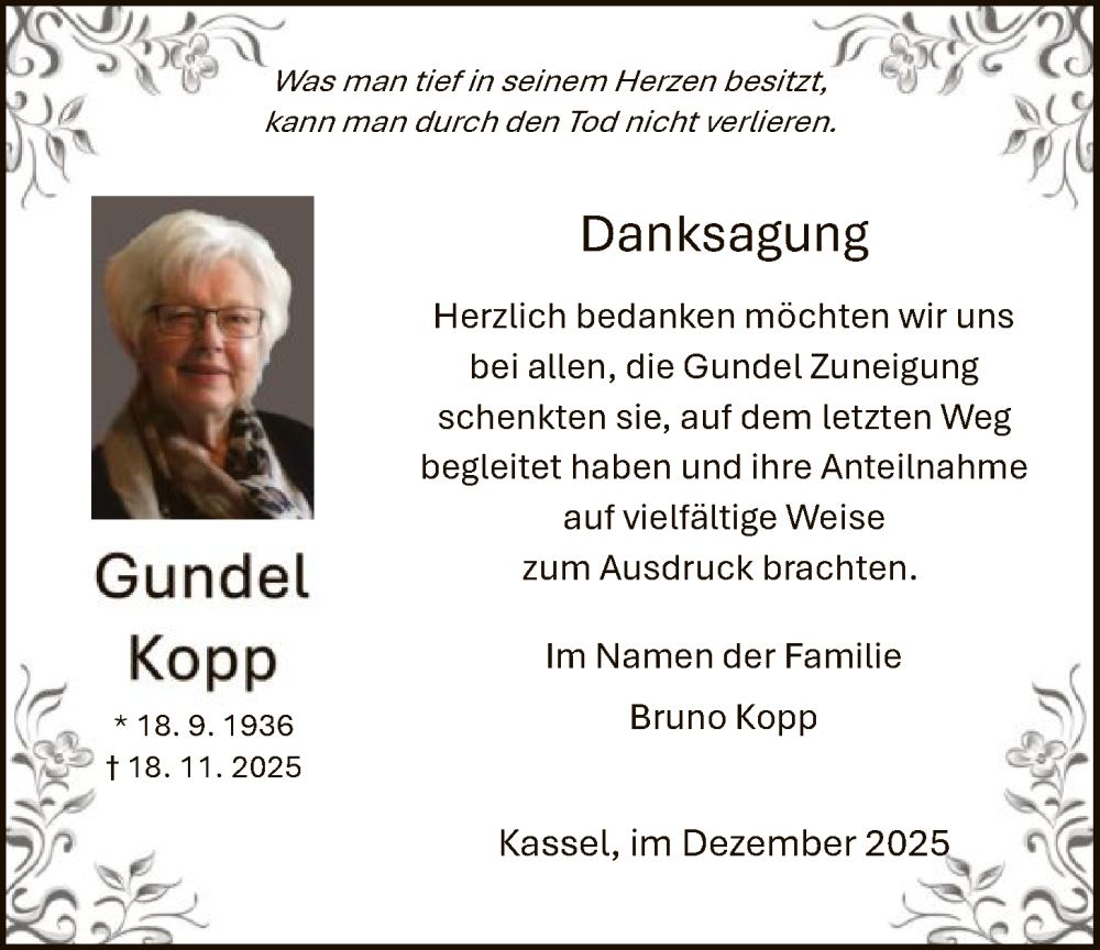  Traueranzeige für Gundel Kopp vom 06.12.2025 aus HNA