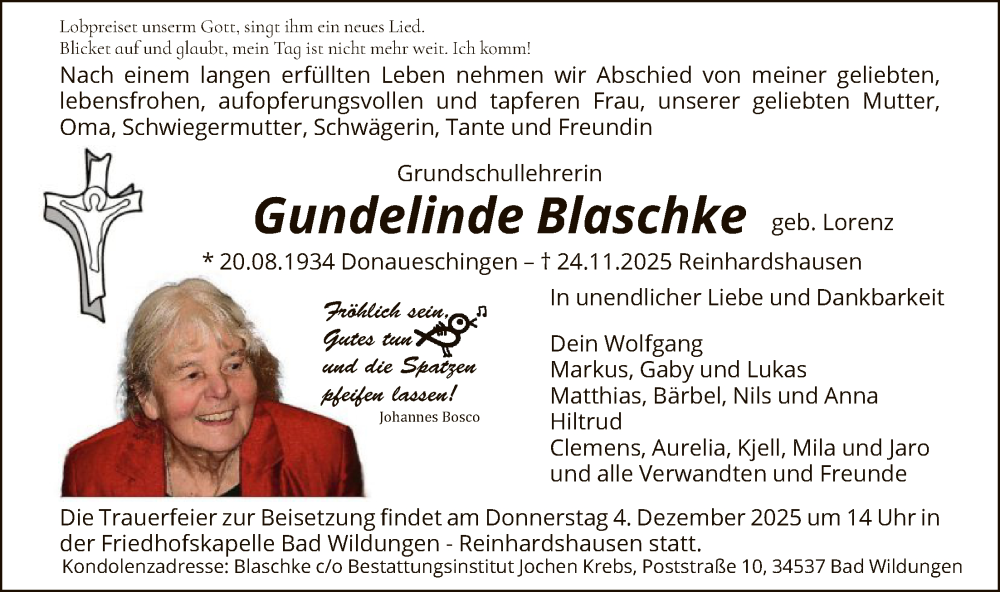  Traueranzeige für Gundelinde Blaschke vom 02.12.2025 aus HNA