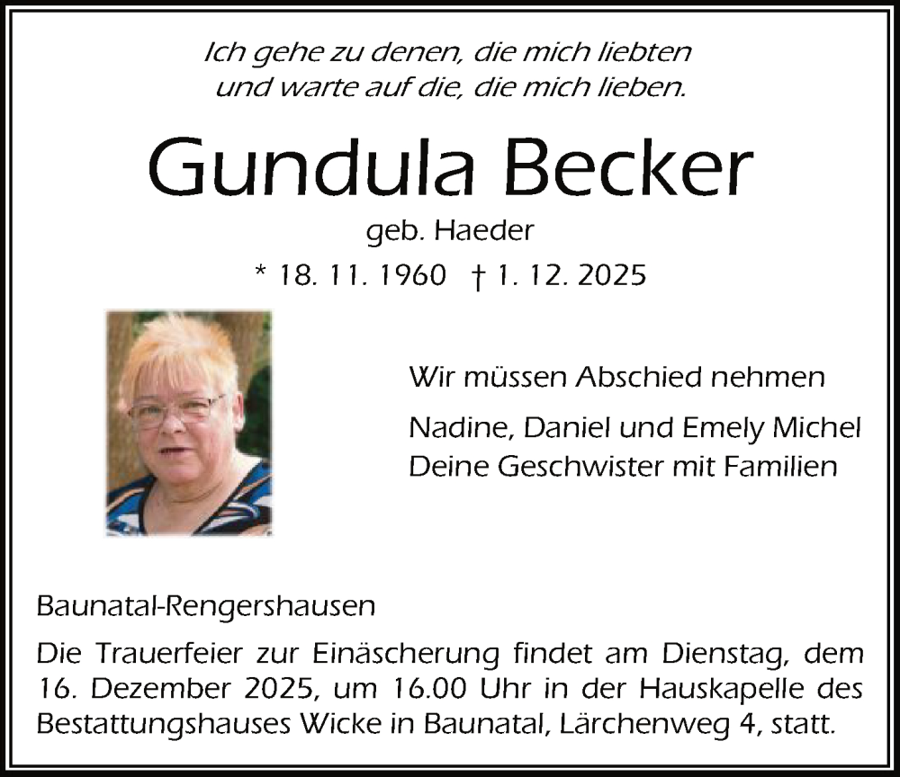 Traueranzeige für Gundula Becker vom 06.12.2025 aus HNA