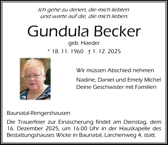 Traueranzeige von Gundula Becker von HNA