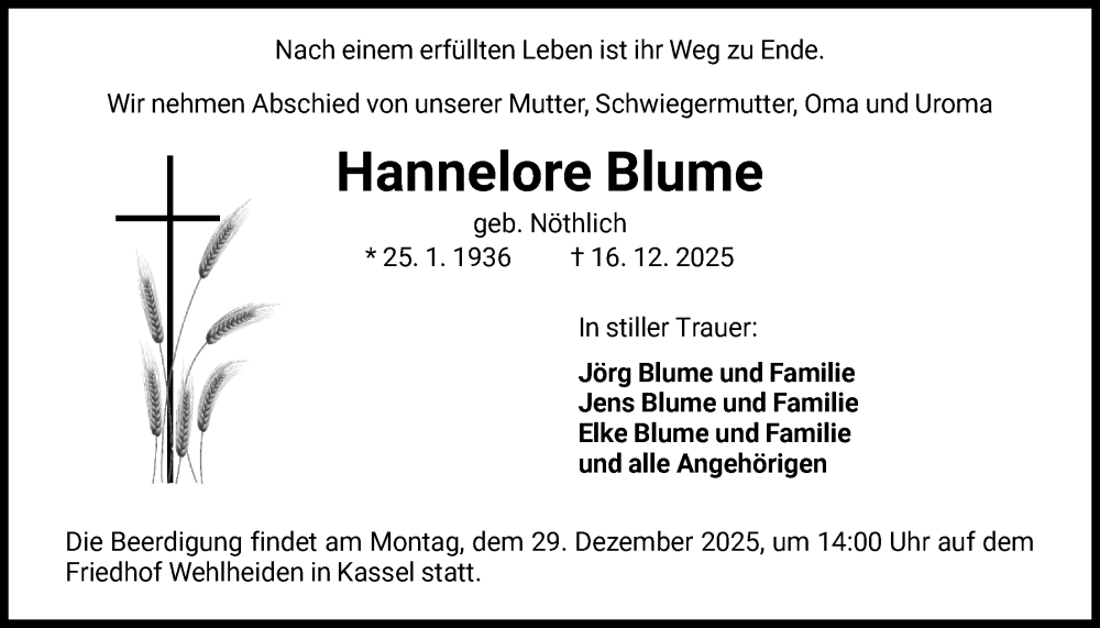  Traueranzeige für Hannelore Blume vom 20.12.2025 aus HNA