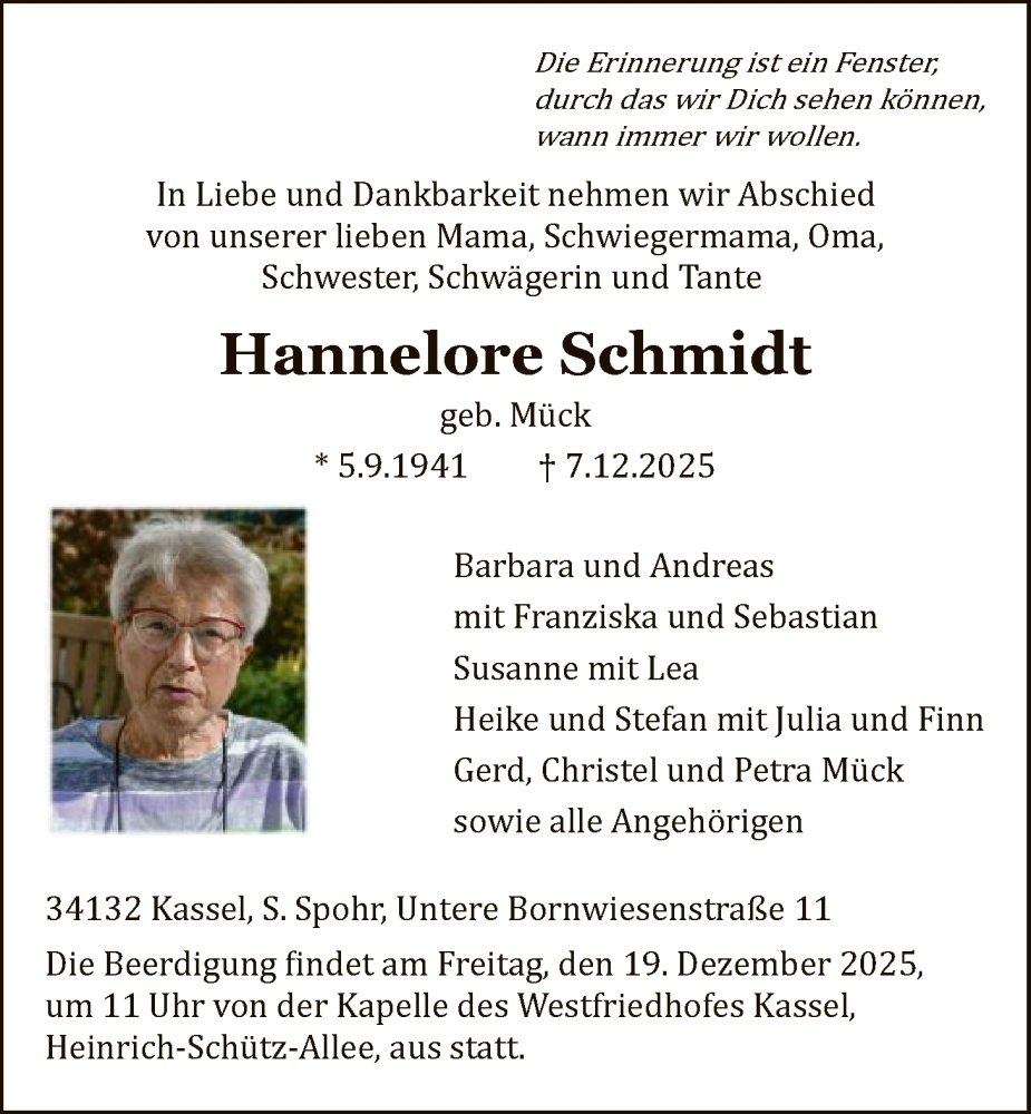  Traueranzeige für Hannelore Schmidt vom 13.12.2025 aus HNA