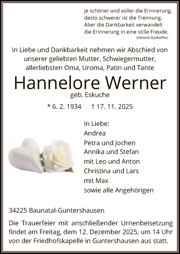  Traueranzeige für Hannelore Werner vom 06.12.2025 aus HNA