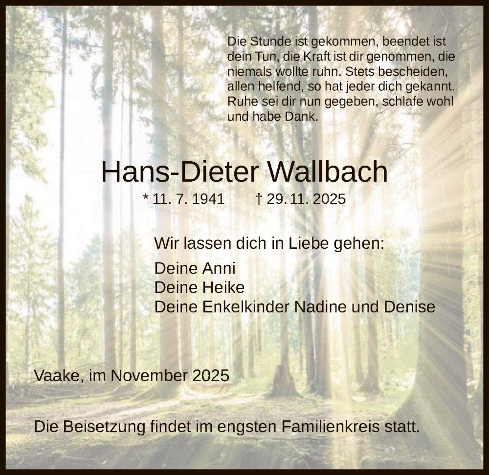  Traueranzeige für Hans-Dieter Wallbach vom 06.12.2025 aus HNA