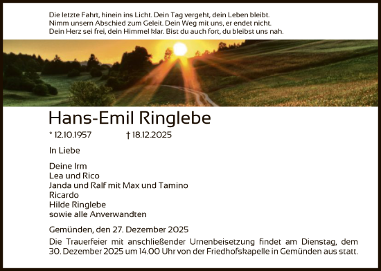 Traueranzeige von Hans-Emil Ringlebe von HNA