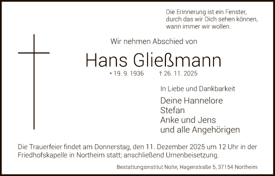 Traueranzeige von Hans Gließmann von HNA
