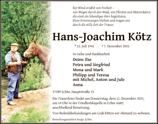 Traueranzeige von Hans-Joachim Kötz von HNA