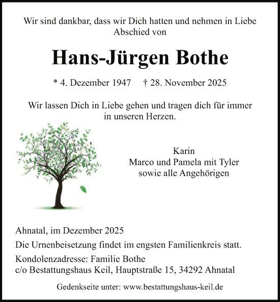 Traueranzeige von Hans-Jürgen Bothe von HNA