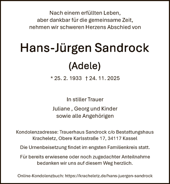 Traueranzeige von Hans-Jürgen Sandrock von HNA