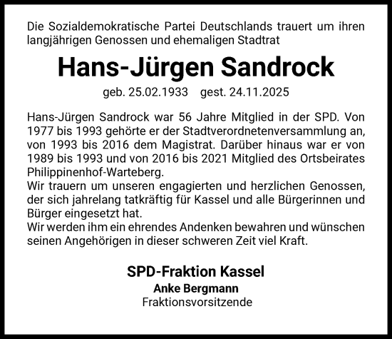 Traueranzeige von Hans-Jürgen Sandrock von HNA