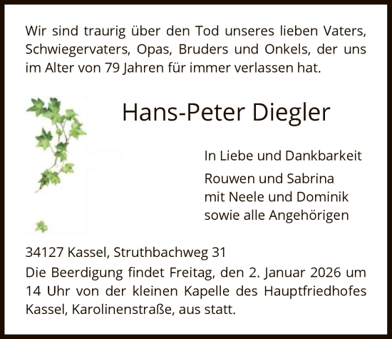 Traueranzeige von Hans-Peter Diegler von HNA