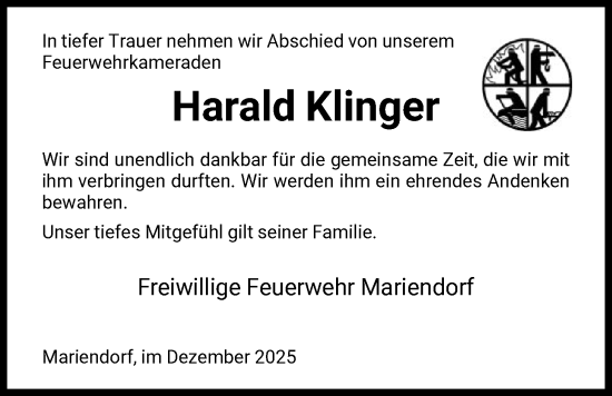 Traueranzeige von Harald Klinger von HNA