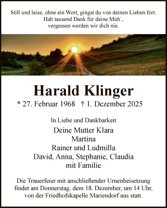 Traueranzeige von Harald Klinger von HNAHNA
