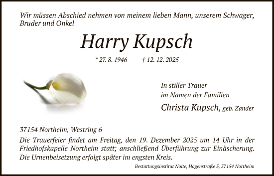 Traueranzeige von Harry Kupsch von HNA
