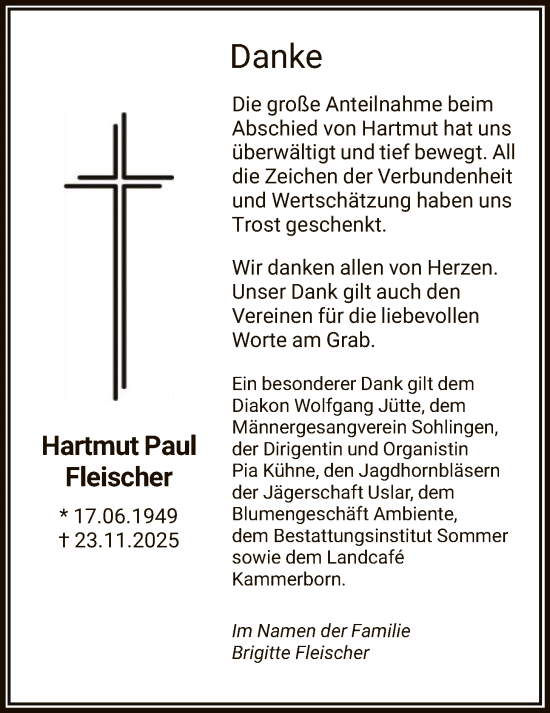 Traueranzeige von Hartmut Paul Fleischer von HNA