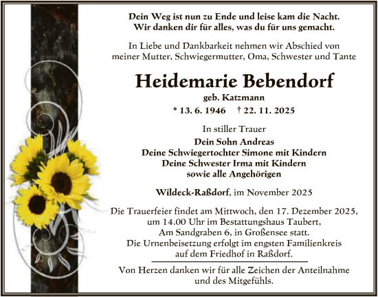 Traueranzeige von Heidemarie Bebendorf von HNA