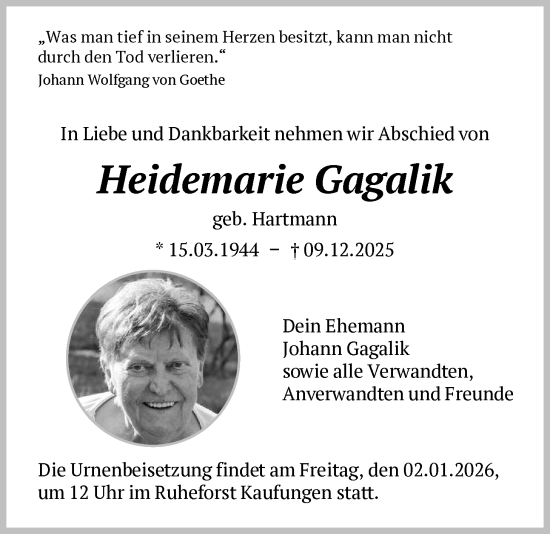 Traueranzeige von Heidemarie Gagalik von HNA
