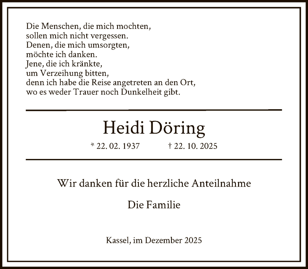  Traueranzeige für Heidi Döring vom 20.12.2025 aus HNAHNAHNA