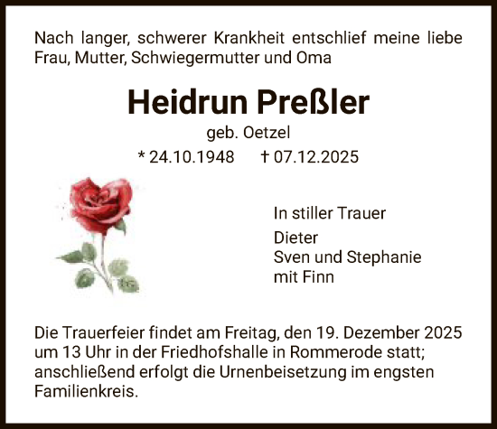 Traueranzeige von Heidrun Preßler von HNA