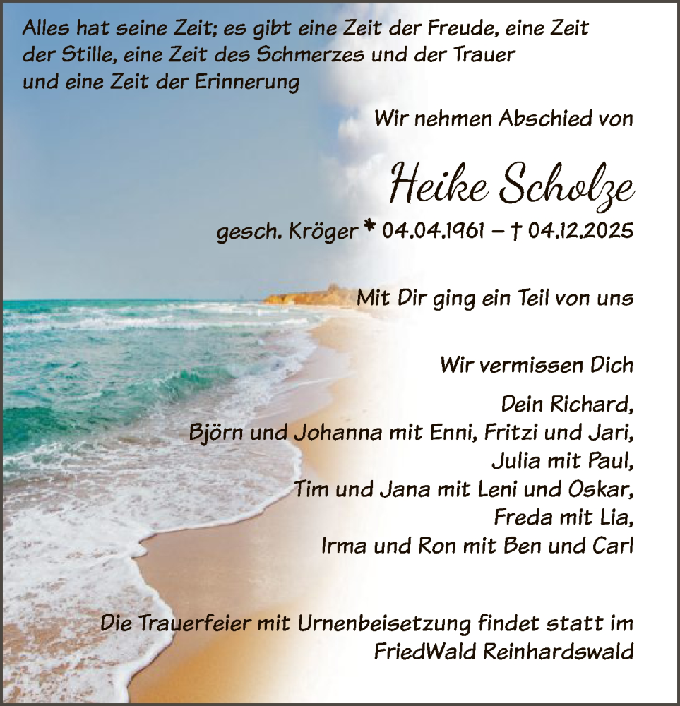  Traueranzeige für Heike Scholze vom 09.12.2025 aus HNAHNA