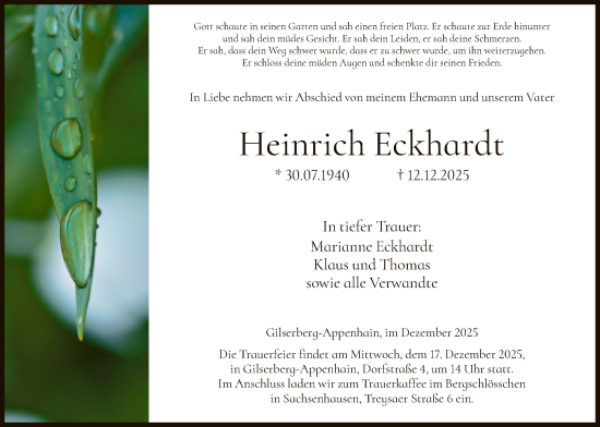 Traueranzeige von Heinrich Eckhardt von HNA