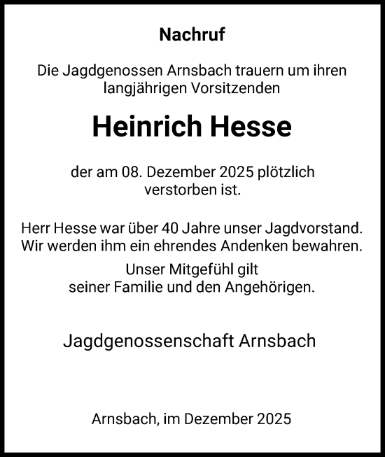 Traueranzeige von Heinrich Hesse von HNA