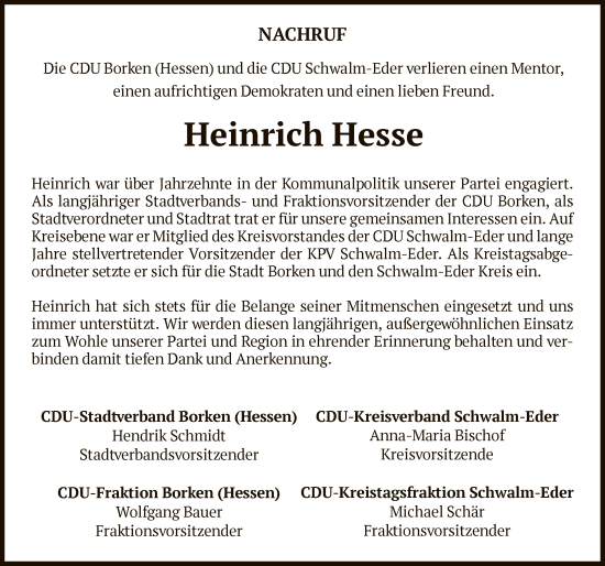 Traueranzeige von Heinrich Hesse von HNA