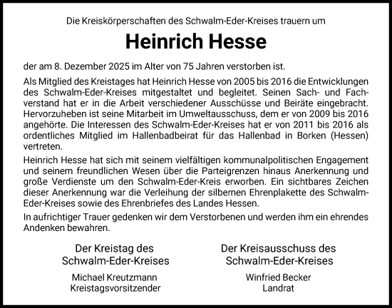 Traueranzeige von Heinrich Hesse von HNA