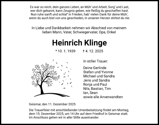 Traueranzeige von Heinrich Klinge von HNA