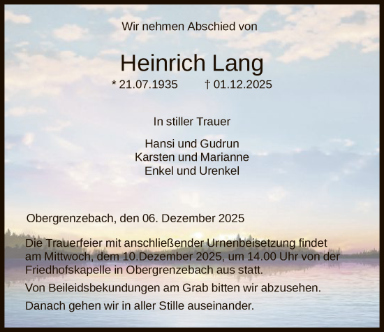 Traueranzeige von Heinrich Lang von HNA