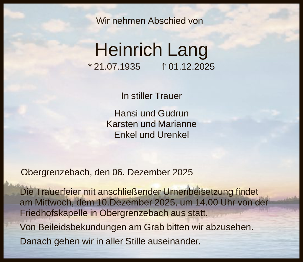  Traueranzeige für Heinrich Lang vom 06.12.2025 aus HNA