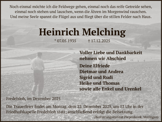 Traueranzeige von Heinrich Melching von HNA