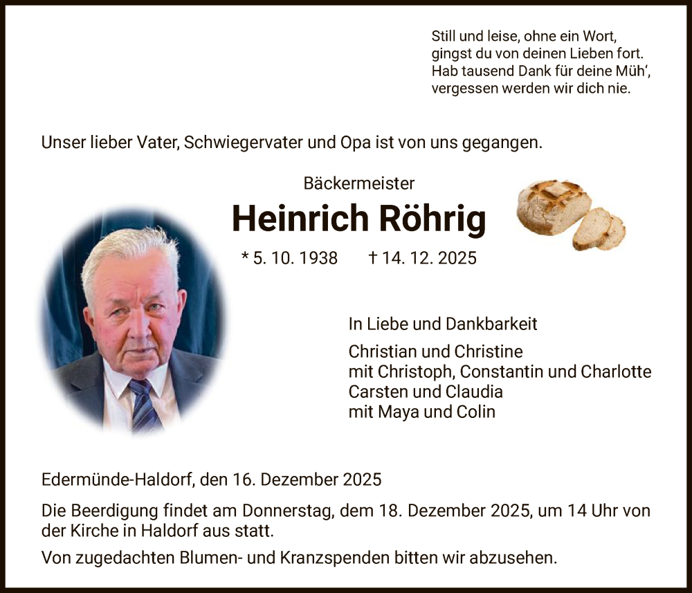  Traueranzeige für Heinrich Röhrig vom 16.12.2025 aus HNA