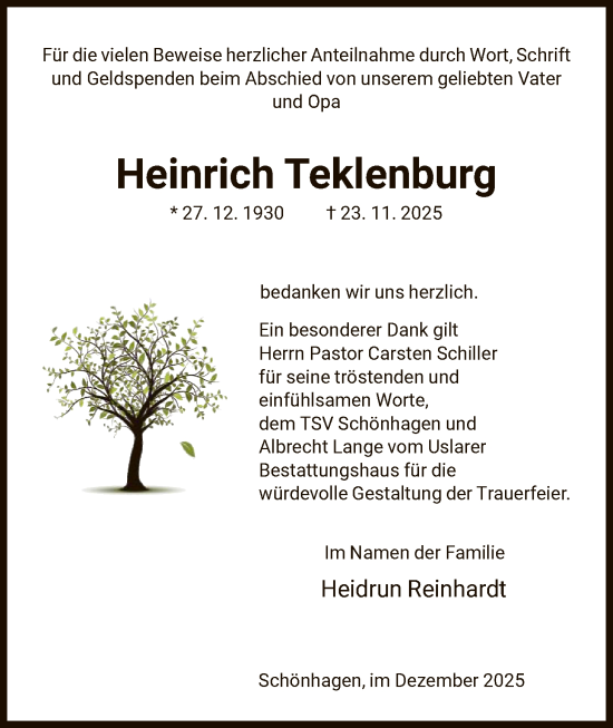 Traueranzeige von Heinrich Teklenburg von HNA
