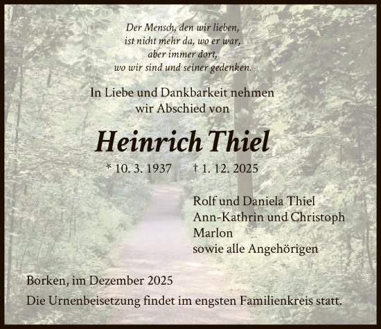 Traueranzeige von Heinrich Thiel von HNA