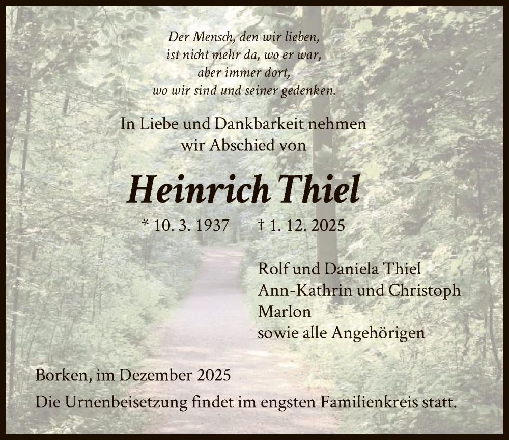  Traueranzeige für Heinrich Thiel vom 13.12.2025 aus HNA