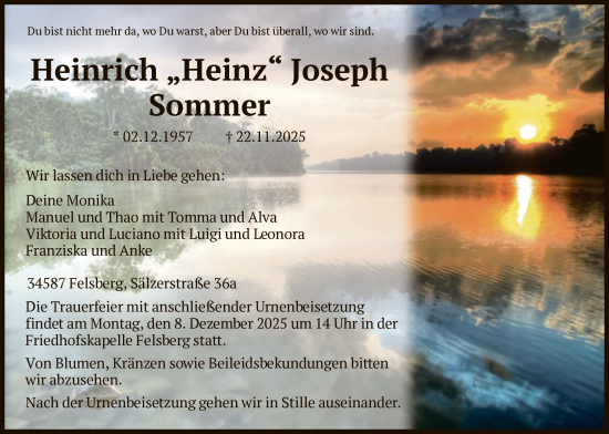 Traueranzeige von Heinrich Joseph Sommer von HNA