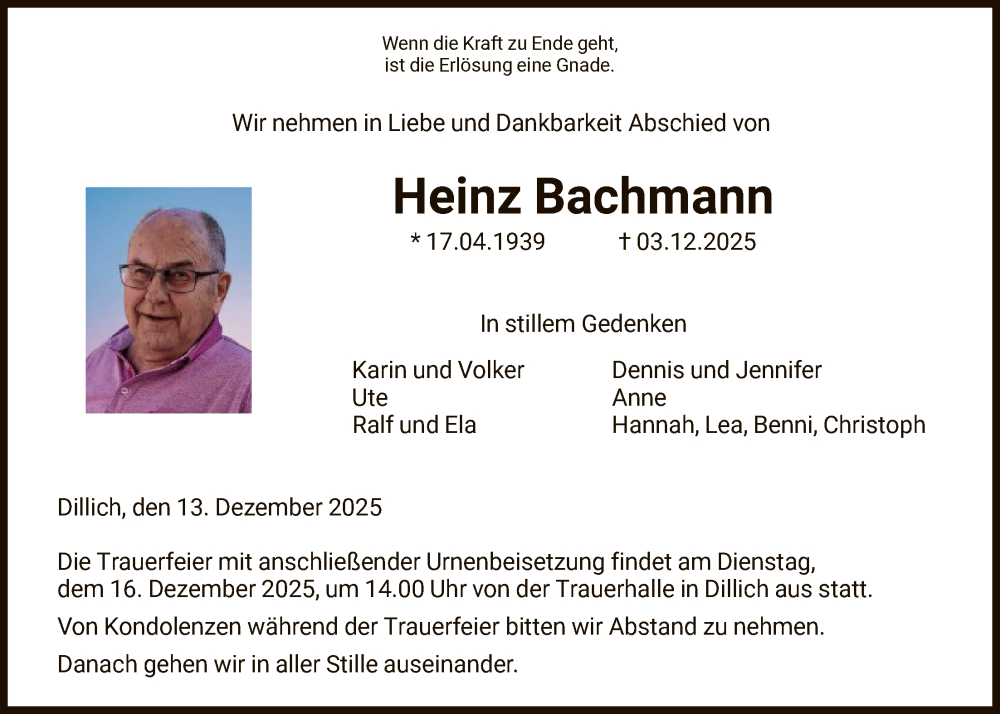  Traueranzeige für Heinz Bachmann vom 13.12.2025 aus HNA