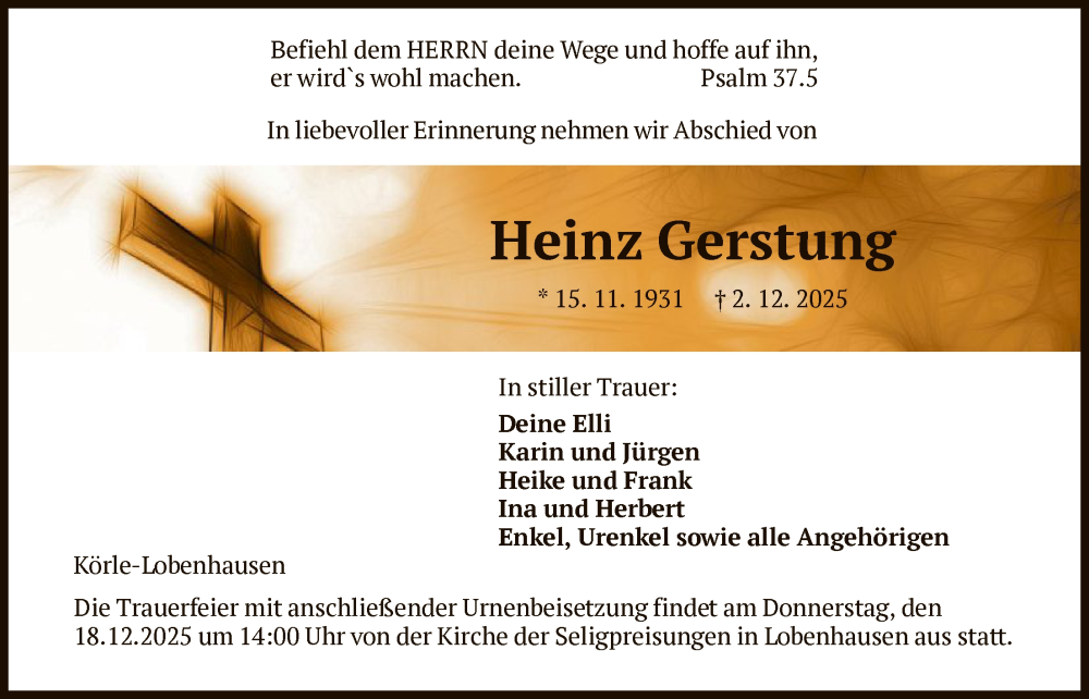  Traueranzeige für Heinz Gerstung vom 13.12.2025 aus HNA
