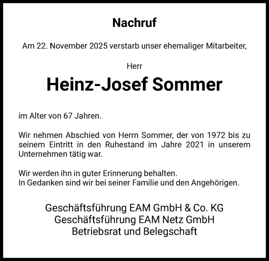 Traueranzeige von Heinz-Josef Sommer von HNA