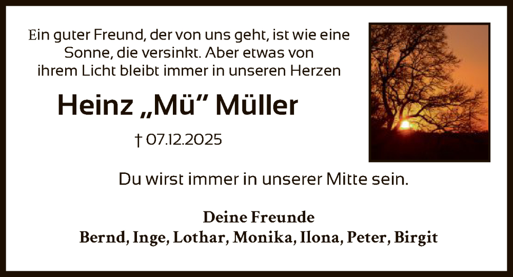  Traueranzeige für Heinz Müller vom 19.12.2025 aus HNA
