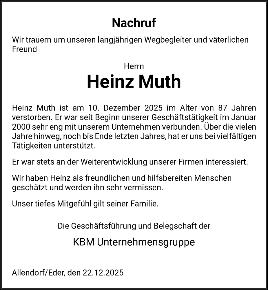  Traueranzeige für Heinz Muth vom 22.12.2025 aus HNA