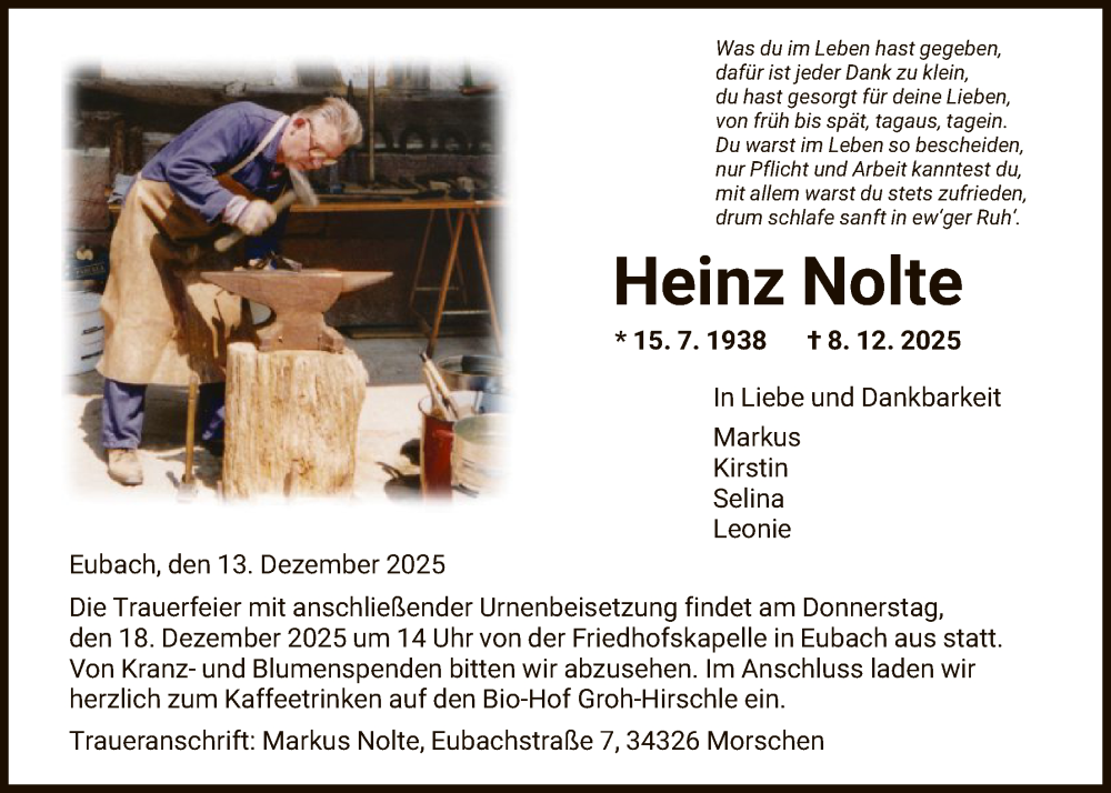  Traueranzeige für Heinz Nolte vom 13.12.2025 aus HNAHNA