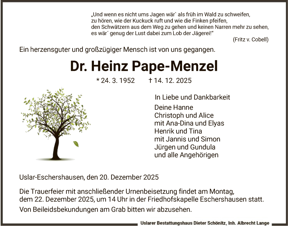  Traueranzeige für Heinz Pape-Menzel vom 20.12.2025 aus HNA