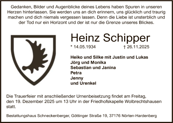 Traueranzeige von Heinz Schipper von HNA