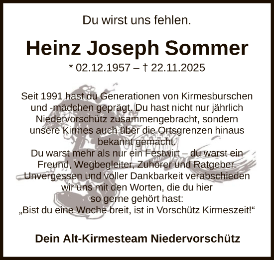 Traueranzeige von Heinz Joseph Sommer von HNA