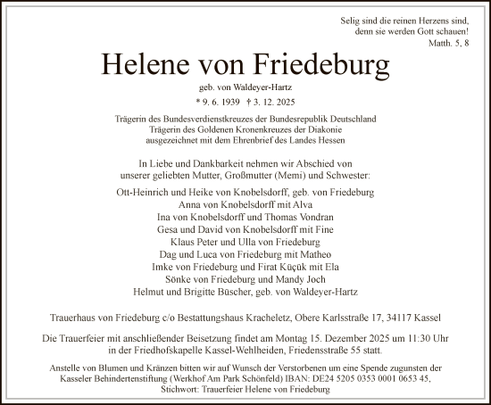 Traueranzeige von Helene von Friedeburg von HNA