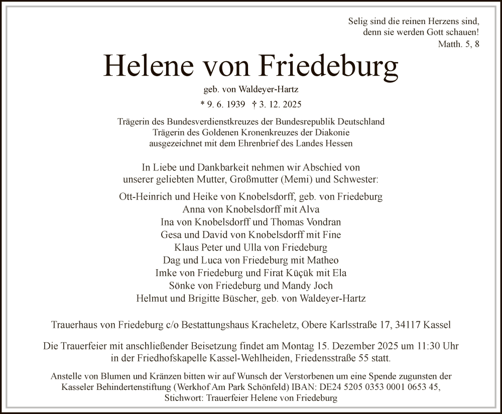  Traueranzeige für Helene von Friedeburg vom 06.12.2025 aus HNA