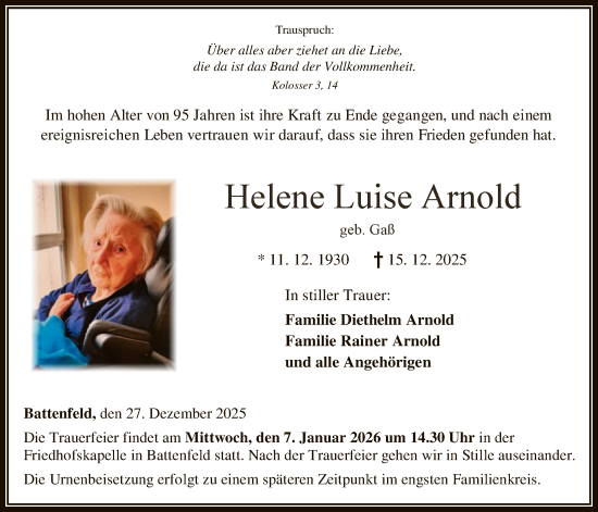 Traueranzeige von Helene Luise Arnold von HNA